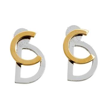Pre Owned Dior Two Tone Metal Logo Earrings