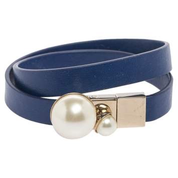 Pre Owned Christian Dior Blue Leather Mise En Dior Double Wrap Bracelet M