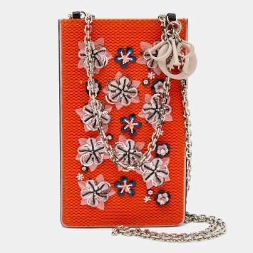 Pre Owned Dior Orange/Black Mesh And Leather Fusion Embellished Phone Case