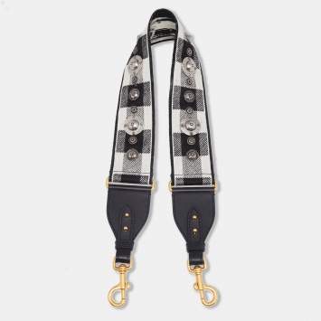 Pre Owned Dior Black/White Checkered Canvas and Leather Studded Shoulder Bag Strap
