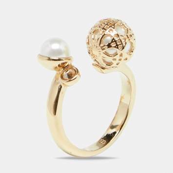 Pre Owned Dior Cannage Faux Pearl Crystal Gold Tone Open Ring S