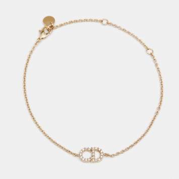 Pre Owned Dior Clair D Lune Crystal Logo Gold Tone Bracelet 