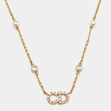 Pre Owned Dior Crystals Faux Pearl Gold Tone Metal Necklace.