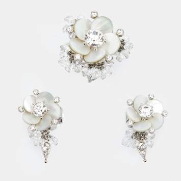Pre Owned Dior Crystal Beaded Flower Silver Tone Metal Clip On Earrings and Cocktail Ring Set