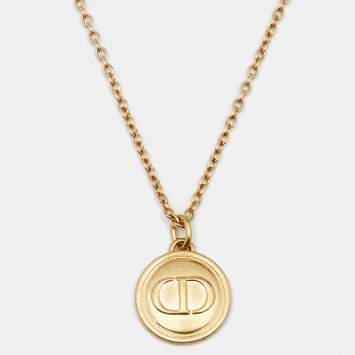 Pre Owned Dior Gold Tone Logo Embossed Round Pendant Necklace
