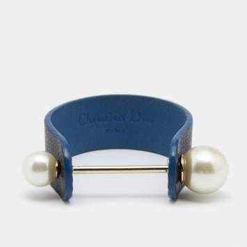 Pre Owned Dior Perle Blue Leather & Faux Pearl Cuff Bracelet S
