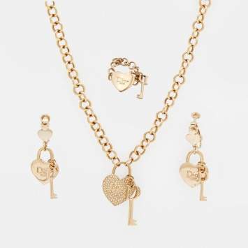 Pre Owned Dior Gold Tone Crystal Dior Logo Jewelry Set