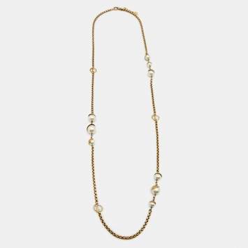 Pre Owned Dior Faux Pearl Gold Tone Metal Long Necklace