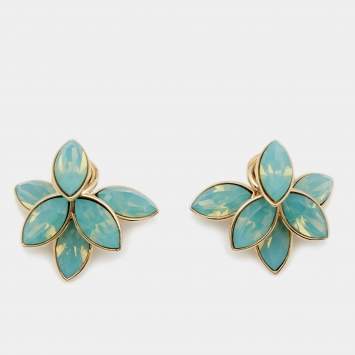 Pre Owned Dior Mise En Tribal Green Crystal Gold Tone Flower Petal  Stud Earrings