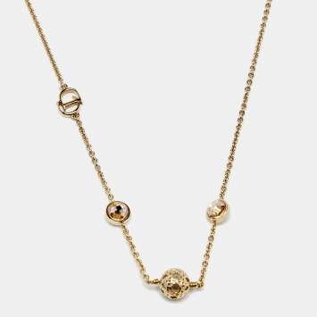 Pre Owned Dior Gold Tone Secret Cannage Faux Pearl Crystal Station Necklace