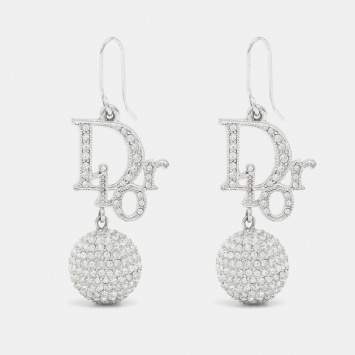 Pre Owned Dior Silver Tone Oblique Crystal Ball Charm Hook Earrings