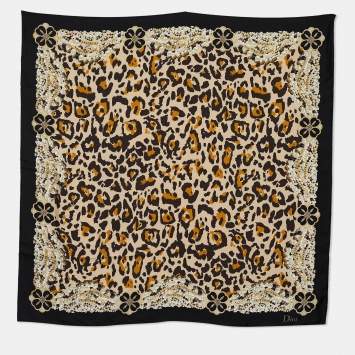 Pre Owned Dior Beige & Black Animal Bejeweled Print Silk Scarf