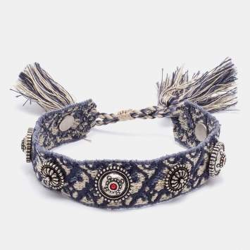 Pre Owned Dior Indigo Cotton Oblique Studded J'Adior Friendship Bracelet 