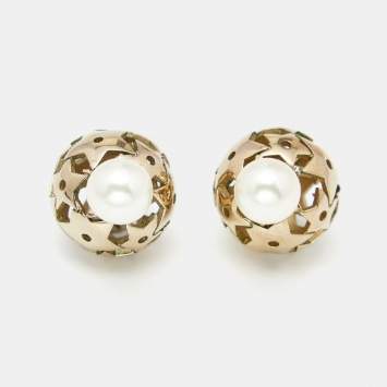 Pre Owned Dior Mise En Dior Faux Pearl Star Gold Tone Stud Earrings
