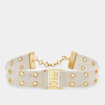 Pre Owned Dior Vintage Off-White Canvas Grommet Detail Choker
