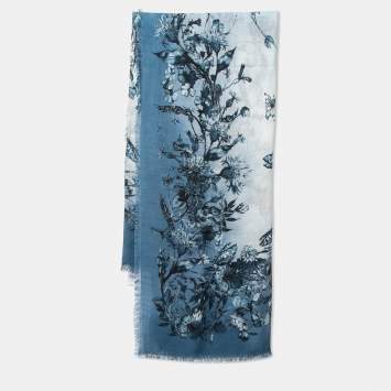 Pre Owned Christian Dior Blue Floral Print Cashmere Scarf 
