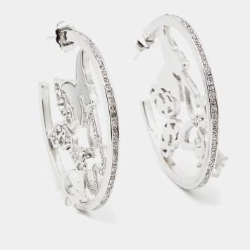 Pre Owned Dior Silver Tone Crystal & Mother of Pearl Butterfly Hoop Earrings