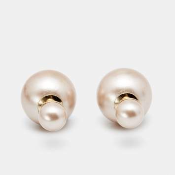 Pre Owned Dior Tribales Champagne Faux Pearl Gold Tone Stud Earrings