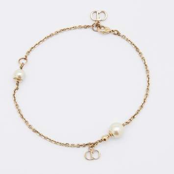 Pre Owned Dior Le Petite Tribale Faux Pearl Gold Tone Chain Bracelet