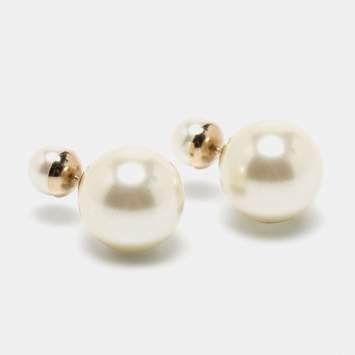 Pre Owned Dior Tribales Faux Pearl Gold Tone Stud Earrings