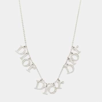Pre Owned Dior Vintage Silver Tone Crystal Logo Charms Pendant Necklace