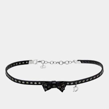 Pre Owned Dior Black Patent Leather Grommet Bow Choker Necklace