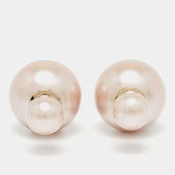 Pre Owned Dior Tribales Champagne Faux Pearl Gold Tone Stud Earrings
