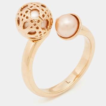 Pre Owned Dior Secret Cannage Faux Pearl Crystal Rose Gold Tone Open Ring Size 55