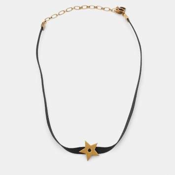 Pre Owned Dior Aged Gold Tone Black Ribbon Star Choker Necklace