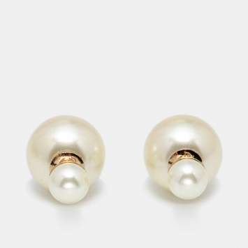 Pre Owned Dior Tribales Faux Pearl Gold Tone Stud Earrings