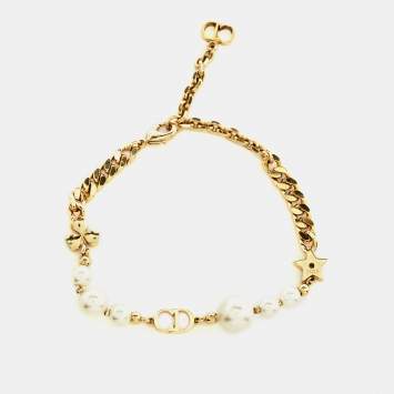 Pre Owned Dior Danseuse Étoile Faux Pearl Gold Tone Bracelet