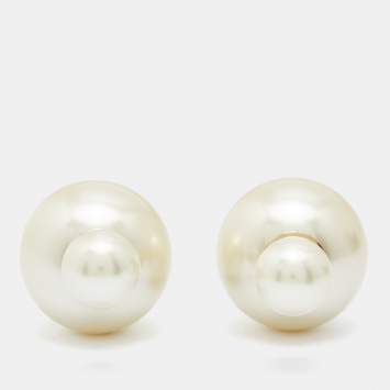 Pre Owned Dior Tribales Cream Faux Pearl Gold Tone Stud Earrings
