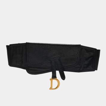 Pre Owned Dior Black Crinkled Leather and Stretch Band Saddle Belt 90 CM
