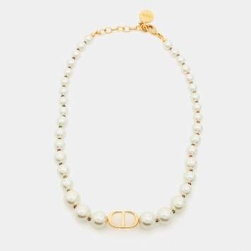 Pre Owned Dior 30 Montaigne Faux Pearl Gold Tone Choker Necklace
