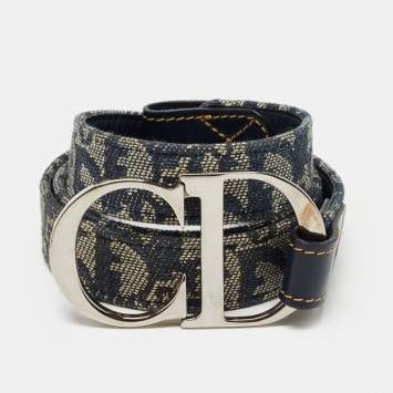 Pre Owned Dior Navy Blue Oblique Canvas and Leather Saddle Belt 85CM