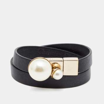 Pre Owned Christian Dior Black Leather Mise En Dior Double Wrap Bracelet