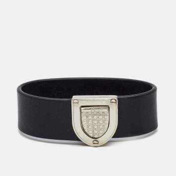 Pre Owned Dior Diorama Black Leather Silver Tone Bracelet