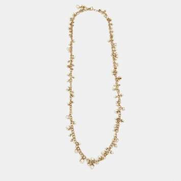 Pre Owned Dior Mise En Dior Faux Pearl Gold Tone Charm Chain Necklace 