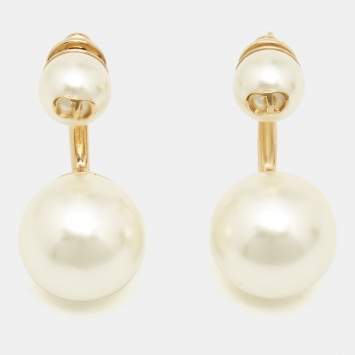 Pre Owned Dior Gold Tone CD Double Faux Pearl Earrings