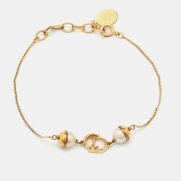 Pre Owned Dior Mise En Dior Faux Pearl Gold Tone Bracelet