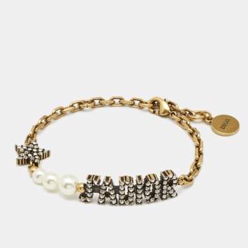 Pre Owned Dior J'Adior Faux Pearl Crystals Gold Tone Bracelet
