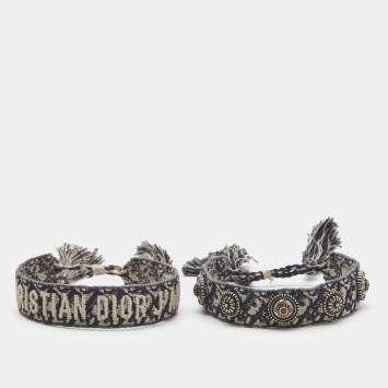 Pre Owned Dior Navy Blue J'adior Oblique Embroidered & Studded Bracelet Set of Two