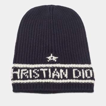 Pre Owned Dior Navy Blue Logo Wool & Cashmere Knit Beanie