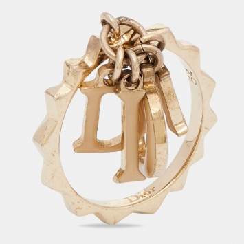 Pre Owned Dior Letters Charm Beige Enamel Gold Tone Ring Size 54