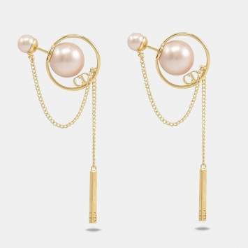 Pre Owned Dior Tribales Faux Pearl Gold Tone Chain Dangle Earrings