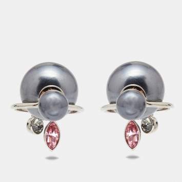 Pre Owned Dior Tribales Crystal Faux Pearl Silver Tone Earrings