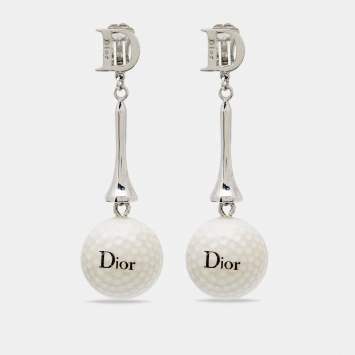 Pre Owned Dior Silver Tone Golf Ball Charm Clip On Drop Earrings