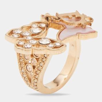 Pre Owned Dior Light Pink Mother of Pearl Butterfly Crystal Gold Tone Ring Size EU 49