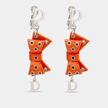 Pre Owned Dior Orange Bow Patent Leather Drop Earrings