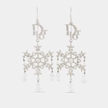 Pre Owned Dior Silver Tone Crystal Snowflake Drop Earrings